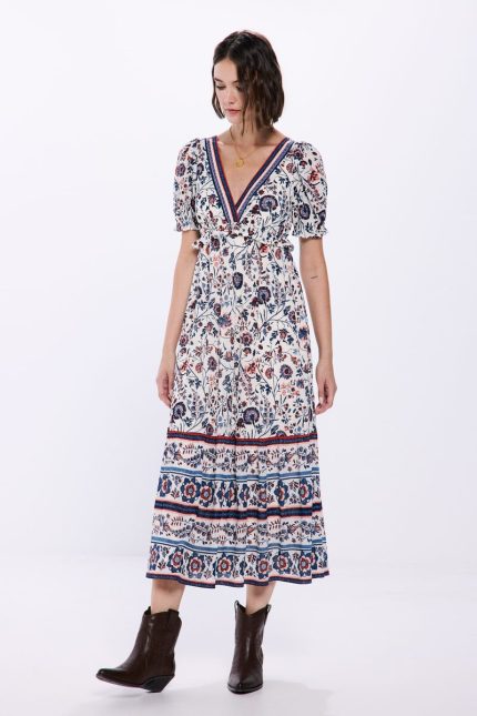Robe midi imprimé fleuri avec bordures