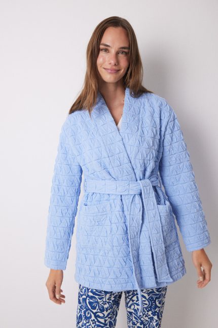 Robe de chambre courte portefeuille matelassée bleu clair