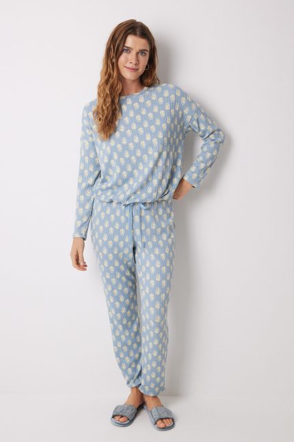 Pyjama long côtelé doux au toucher fleuri