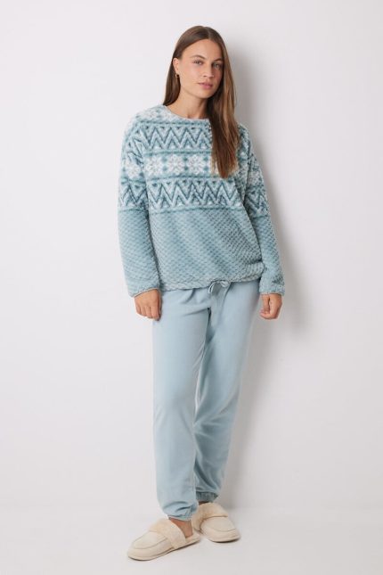 Pyjama long polaire effet jacquard bleu