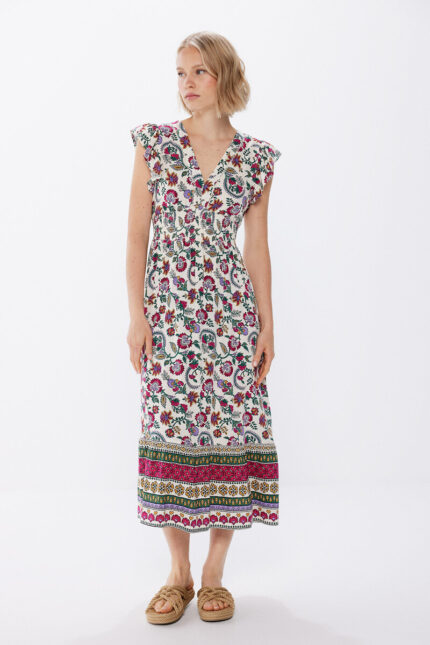 Robe midi à imprimé floral avec bordure