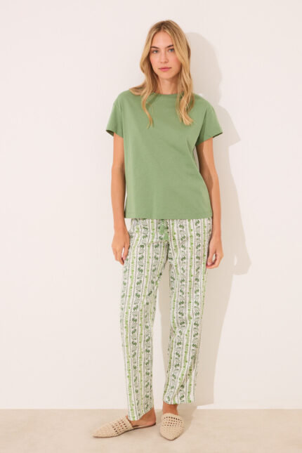 Pyjama à manches courtes en coton imprimé vert