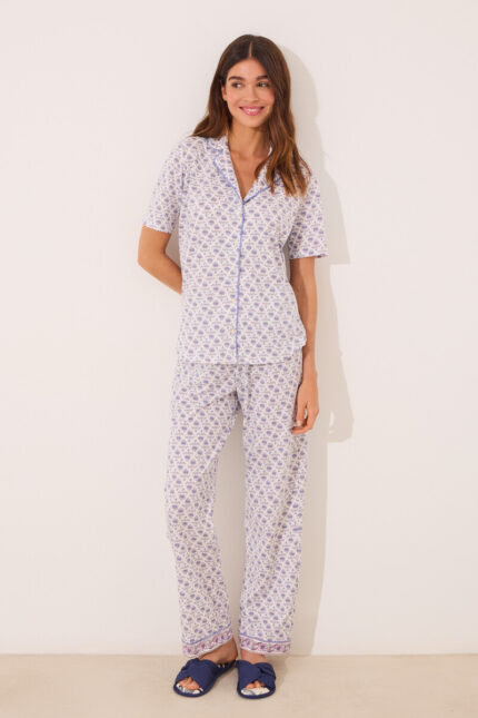 Pyjama chemise longue fleurie ivoire 100% coton