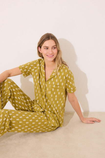 Pyjama chemise longue à fleurs kaki 100 % coton