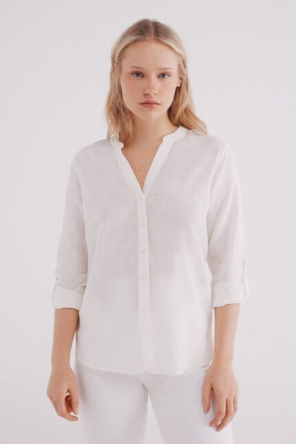 Chemise en coton et lin à col mao