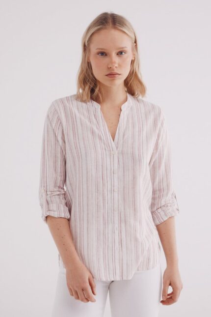Chemise en coton et lin à col mao