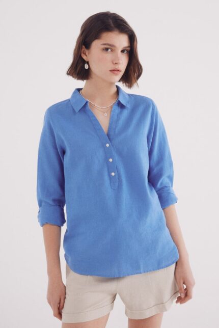 Chemisier polo en coton et lin