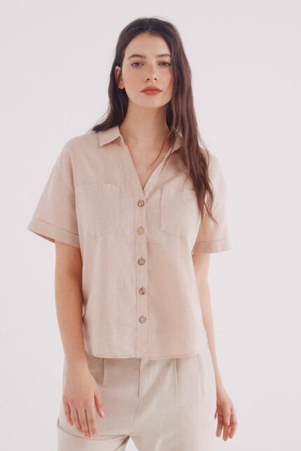 Chemise en coton et lin à manches courtes