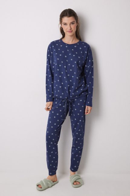 Pyjama long 100% coton à fleurs bleues