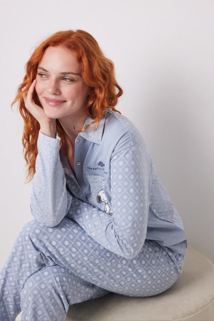 Chemise de pyjama 100% coton à rayures et fleurs