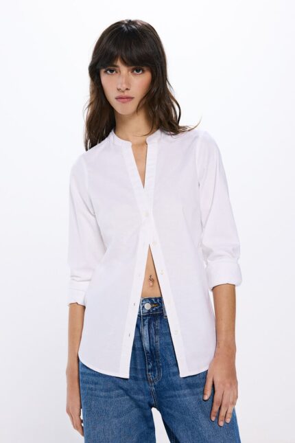 Chemise rayée Oxford à col Mao