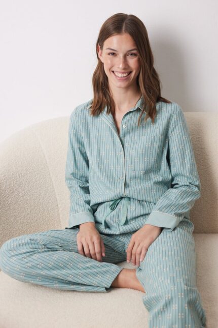 Chemise de pyjama longue en flanelle bleue