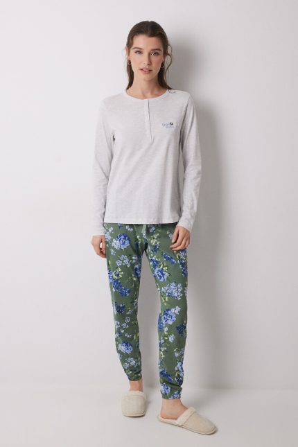 Pyjama long en coton à imprimé floral
