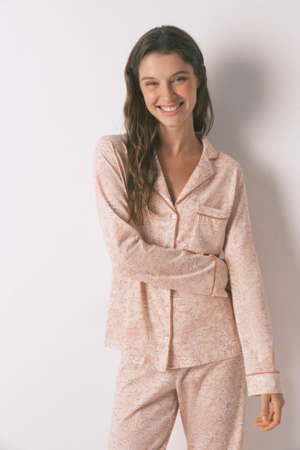 Pyjama chemise à fleurs orange, 100 % coton