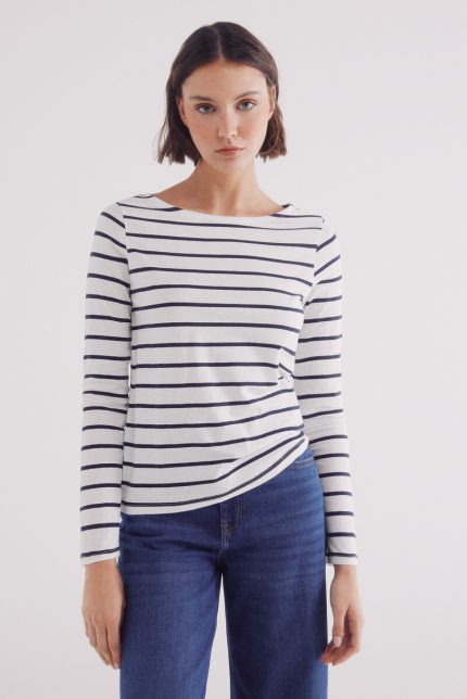 t-shirt rayé en coton à col bateau